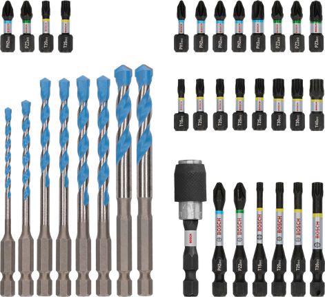 Exibição do conjunto misto Bosch PRO Impact com 35 brocas e brocas para parafusos.